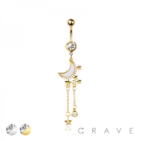 316L SURGICAL STEEL OPAL MOON MULTI CZ CHAIN STAR DANGLE BELLY BUTTON NAVEL RING 